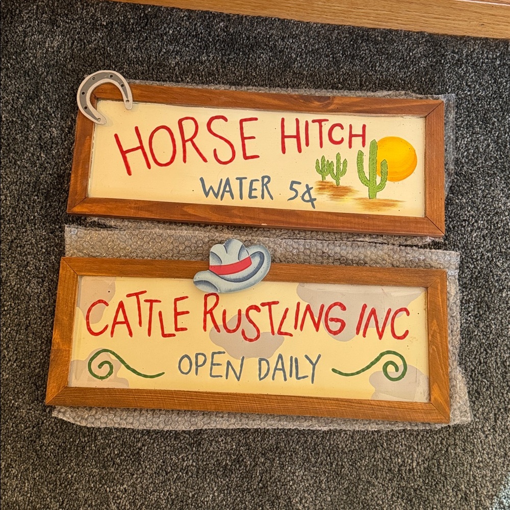 2 Western Wooden Wall Signs - Cattle Rustling & Horse Hitch - Red, Cream, Brown